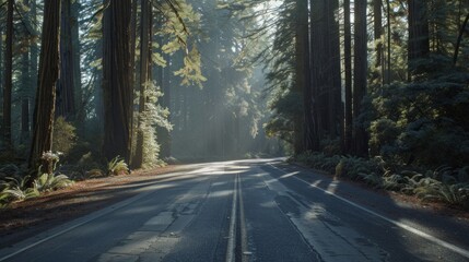 Fototapeta premium A road with trees on either side and a sun shining on it