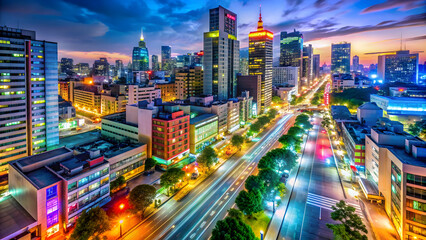 Fototapeta premium Vibrant cityscape at night with colorful lights and bustling street life, future, city, alive, color, light, streets