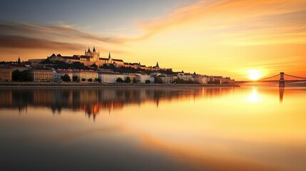 Naklejka premium The calm waters of the Danube River reflecting the sunset, with Budapest's historic skyline, including the Buda Castle and Gell Hill, in view.