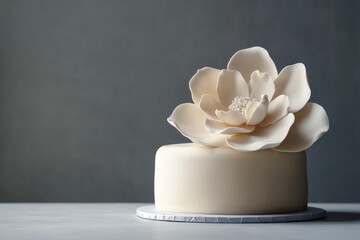 A simple white cake with a fondant flower on top.