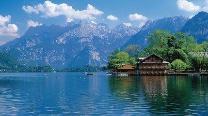 Fototapeta premium Stunning Tourist Scenery of Mountains and Waters: Ideal Resort Destinations. Discover Nature's Beauty and Tranquility.
