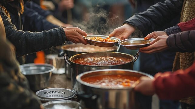 Hands serving hot soup at outdoor community kitchen. Food for the homeless