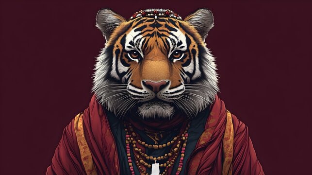 Majestic Tiger in Tibetan Chuba with Prayer Beads on Maroon Background