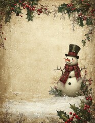 Snowman in scarf and top hat, vintage Christmas scene with holly and pine
