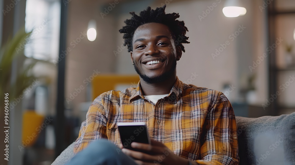 Aufkleber smiling man using smartphone in an indoor setting