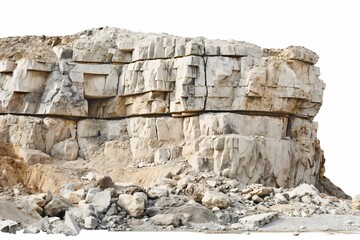 Rugged limestone quarry face is revealing layers of sedimentary rock and rubble at its base