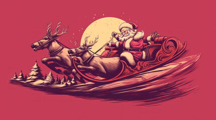 Fototapeta premium Illustration of Santa Claus riding on his sleigh on a dark pink background