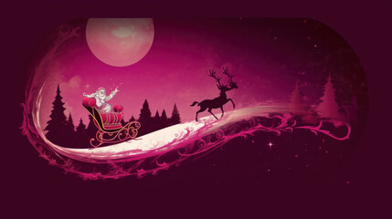 Naklejka premium Illustration of Santa Claus riding on his sleigh on a dark magenta background