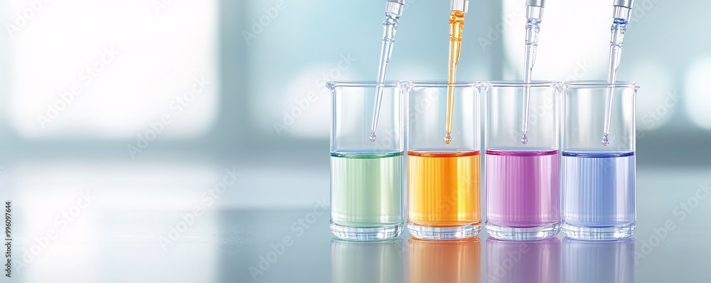 Poster vibrant liquid experiments - scientists in safety glasses conducting controlled lab tests with color