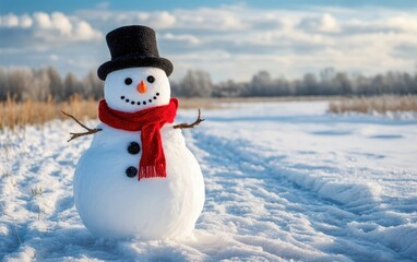 Obraz premium Funny snowman in stylish black hat and red scalf on snowy field. Merry Christmass and happy New Year! 