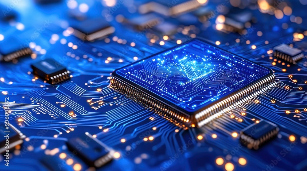 Poster close-up of a computer microchip on a circuit board with glowing blue lights.