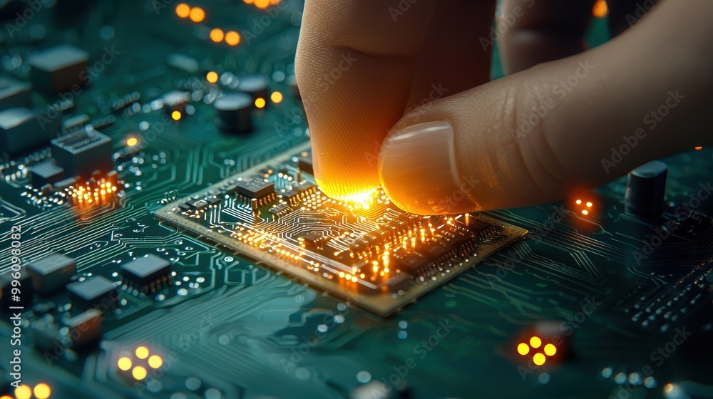 Aufkleber close-up of a hand interacting with a glowing microchip on a circuit board, showcasing innovation an