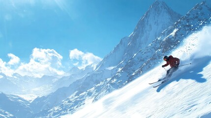 A skier racing down a snowy slope with powder flying, framed by snow-capped peaks and clear blue skies above.