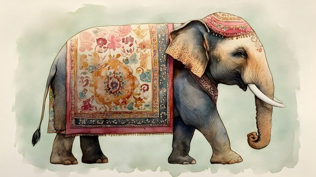 Ornate Elephant in Patterned Bangladeshi Lungi on Pale Green Background