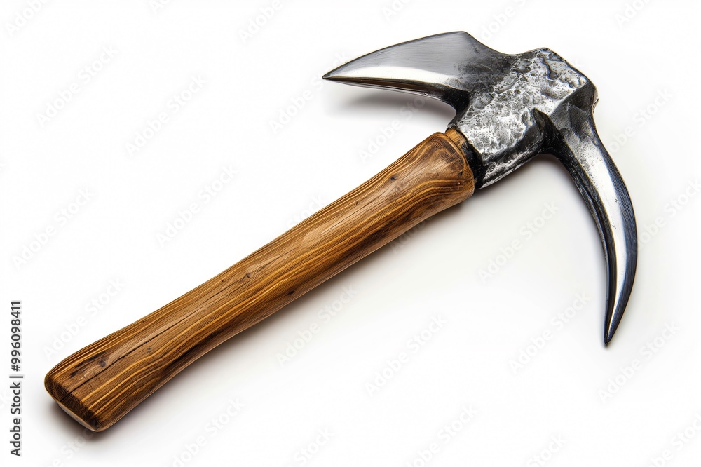 Poster mining pickaxe with a wooden handle is lying on a white background, showcasing its sharp blade and s