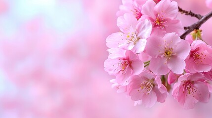 Obraz premium Close-up of a delicate pink cherry blossom against a soft-focus background, capturing its fragile beauty