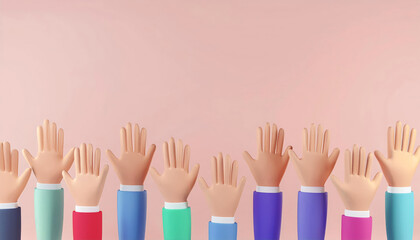 Obraz premium Hands raised in a gesture of participation or agreement, on a soft pink background.