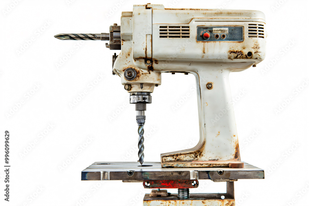 Poster old. rusty drill press with a bit installed against a clean white background exudes craftsmanship an