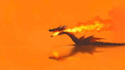 Naklejka premium Minimalistic Dragon Breathing Fiery Flames Over Tranquil Pond