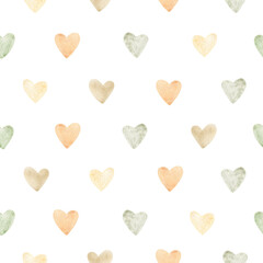 Watercolor seamless pattern with cute boho hearts. Isolated on white background. Hand drawn clipart. Perfect for card, postcard, tags, invitation, printing, wrapping, fabric.