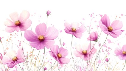 Fototapeta premium Beautiful pink cosmos flowers with a watercolor painting effect on a white background,
