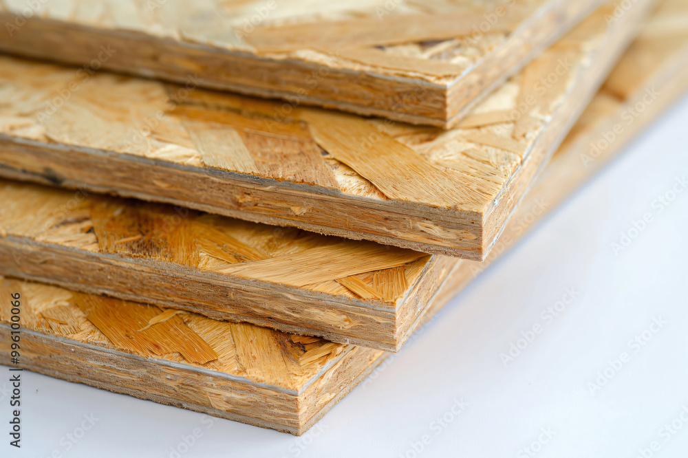 Poster close up view of a stack of oriented strand board sheets, showcasing the texture and layers of compr