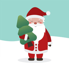 Cute Merry Christmas and New Year card with cute Santa Claus and Christmas tree. Holiday cartoon character in the winter season