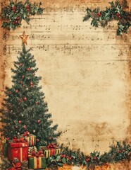 Vintage Christmas tree with gifts and holly garland on a textured background with sheet music
