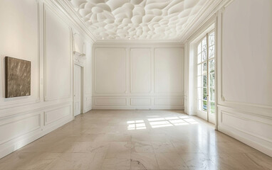 A rich, creamy twist on a traditional Parisian salon with off-white wainscoting and a whipped cream-like stucco ceiling.