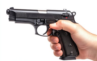 Hand holding gun isolated stock photo on white background 