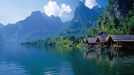 Fototapeta premium Stunning Tourist Scenery of Mountains and Waters: Ideal Resort Destinations. Discover Nature's Beauty and Tranquility.