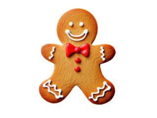 Traditional gingerbread man cookie decorated with icing and a red bow tie. Isolated on a transparent background, perfect for Christmas holiday themes.