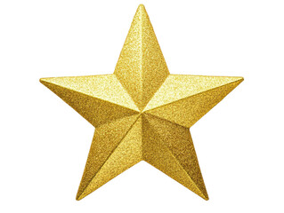 Gold glitter star designed for use as a Christmas tree topper, isolated on a transparent background. Perfect for holiday decor designs.