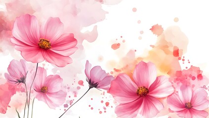 Beautiful pink cosmos flowers with a watercolor painting effect on a white background,