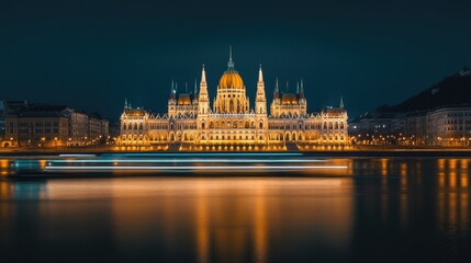 Naklejka premium The Hungarian Parliament building illuminated at night, reflecting beautifully in the Danube River with passing boats in the foreground.