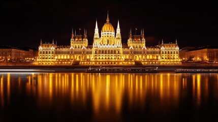 Naklejka premium The Hungarian Parliament building illuminated at night, reflecting beautifully in the Danube River with passing boats in the foreground.