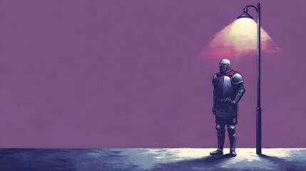 Confused Medieval Knight Ponders Modern Streetlight in Minimalist Purple Landscape