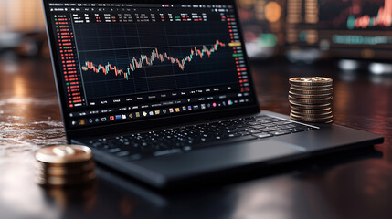 Laptop with a stock market trading graph on the screen and a stack of coins nearby, a business concept, on a dark background. 3D render