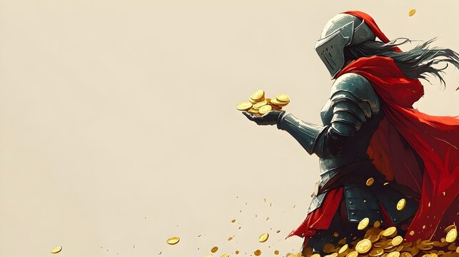Anime-Style Female Knight Attempting Payment with Gold Coins on Plain Backdrop