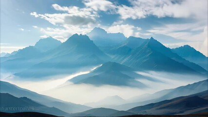 A serene landscape featuring layered mountain ranges shrouded in mist under a cloudy sky.