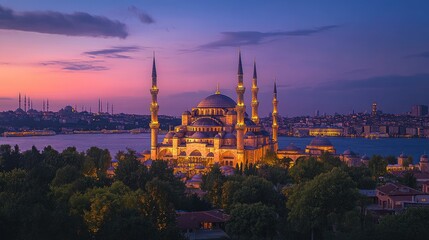 Naklejka premium The iconic Blue Mosque bathed in golden light during the blue hour, standing majestically in Istanbuls skyline.