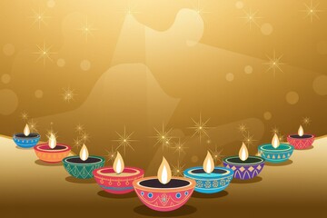 Colorful Diwali Diyas with Flames on Golden Background - Festive Oil Lamps for Celebration, Home Decor, and Marketing Materials