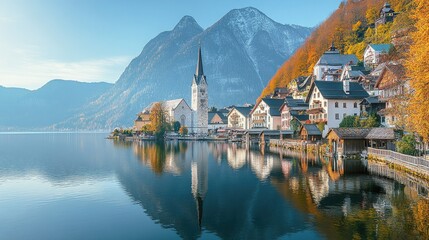 Fototapeta premium The iconic church of Hallstatt, with its pointed spire rising above the village and reflected in the still waters of the lake.