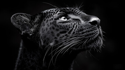 Obraz premium Leopard in profile on a dark background, high contrast, black and white photography
