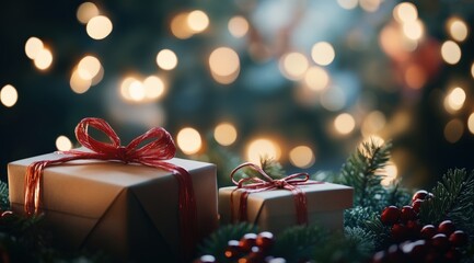 Holiday postcard with gift boxes wrapped in ribbons, twinkling garland lights in the background, creating a magical atmosphere