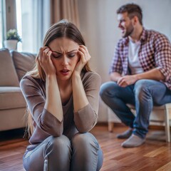 Woman sitting on floor crying with man standing behind screaming at her, family fight