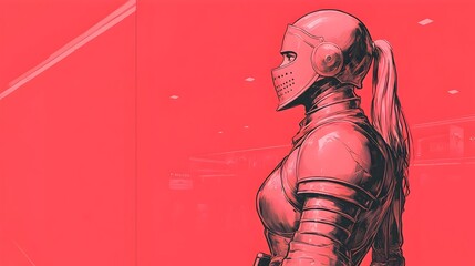 Fototapeta premium Armored Medieval Knight Browsing Through a Futuristic Shopping Mall