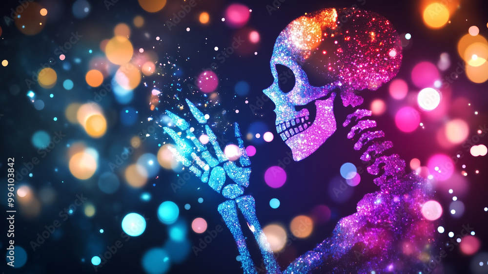 Poster a vibrant, sparkling skeleton illuminated by colorful bokeh lights, creating a whimsical and captiva