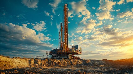 Large industrial drill rig at construction site during sunset