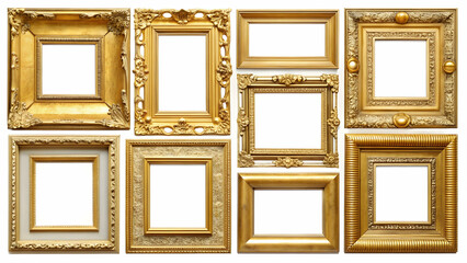 Collection of golden picture frames isolated on white background set, golden, picture frames, collection